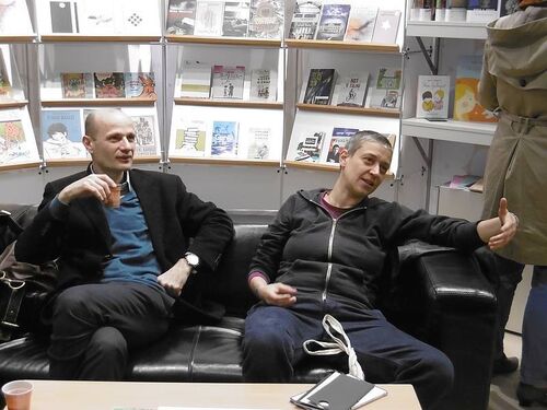Dušan Šarotar in Anja Golob na stojnici JAK na knjižnem sejmu v Leipzigu 2015